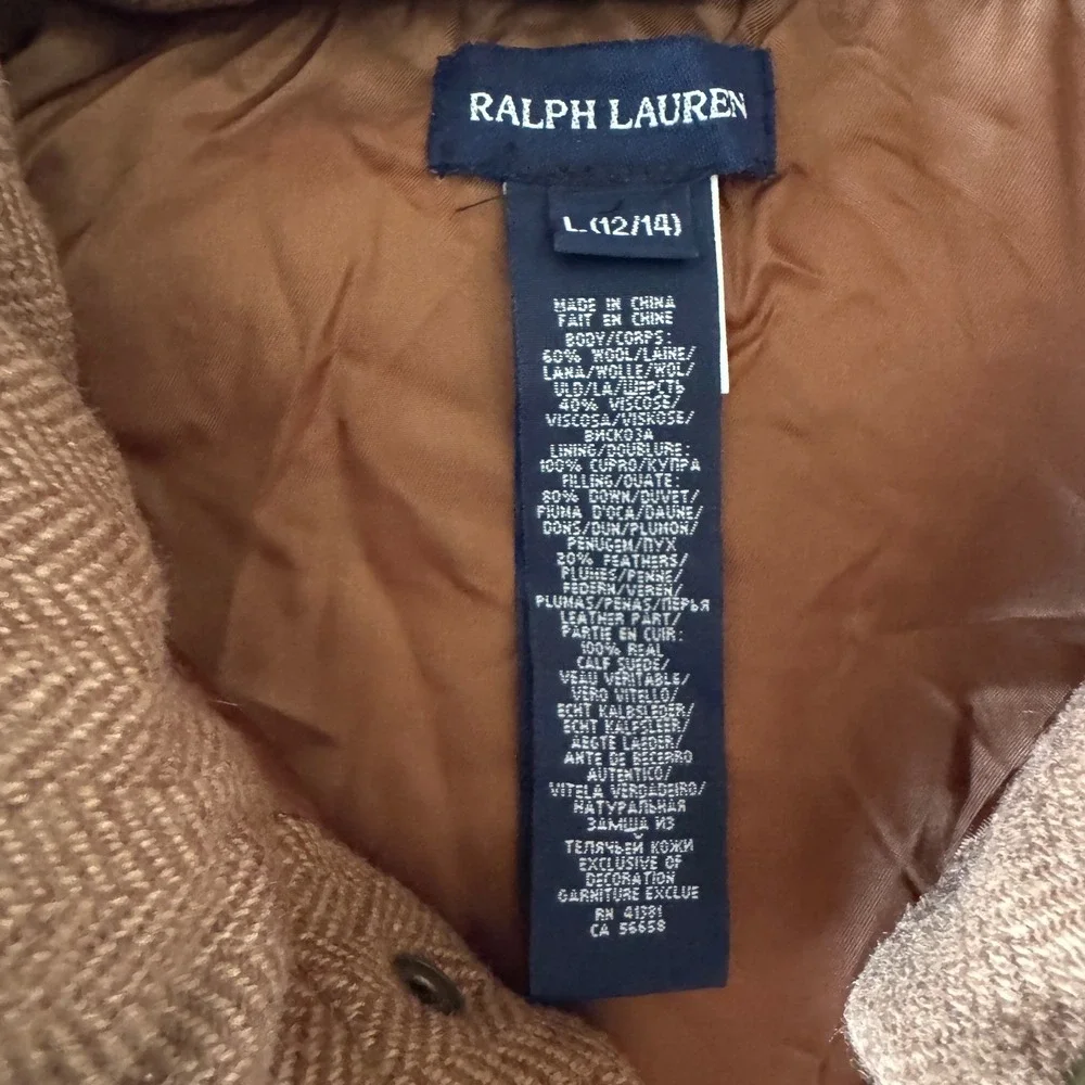Ralph Lauren Girls L 12 14 Herringbone Wool Puffer Vest Equestrian Crest Suede‎
